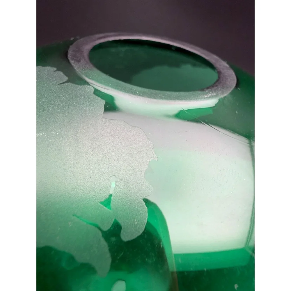 Silvestri Mouth Blown Glass Globe Vase Emerald Green Etched World Map Round 6in